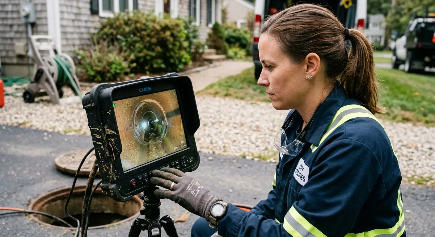 Technician reviewing sewer camera inspection footage in Huntington Park