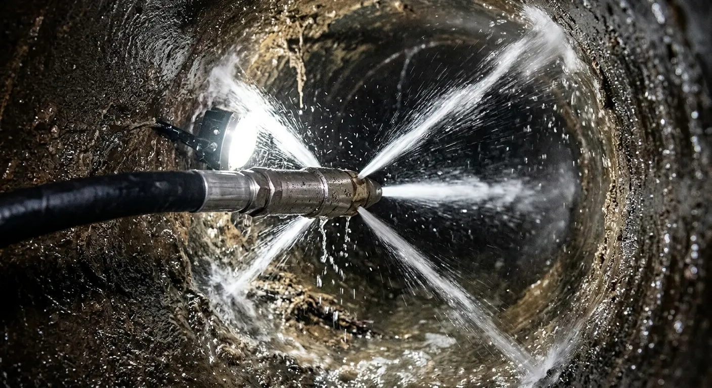 High-pressure hydro jetting nozzle cleaning sewer pipe for Emergency Drain Service in Huntington Park
