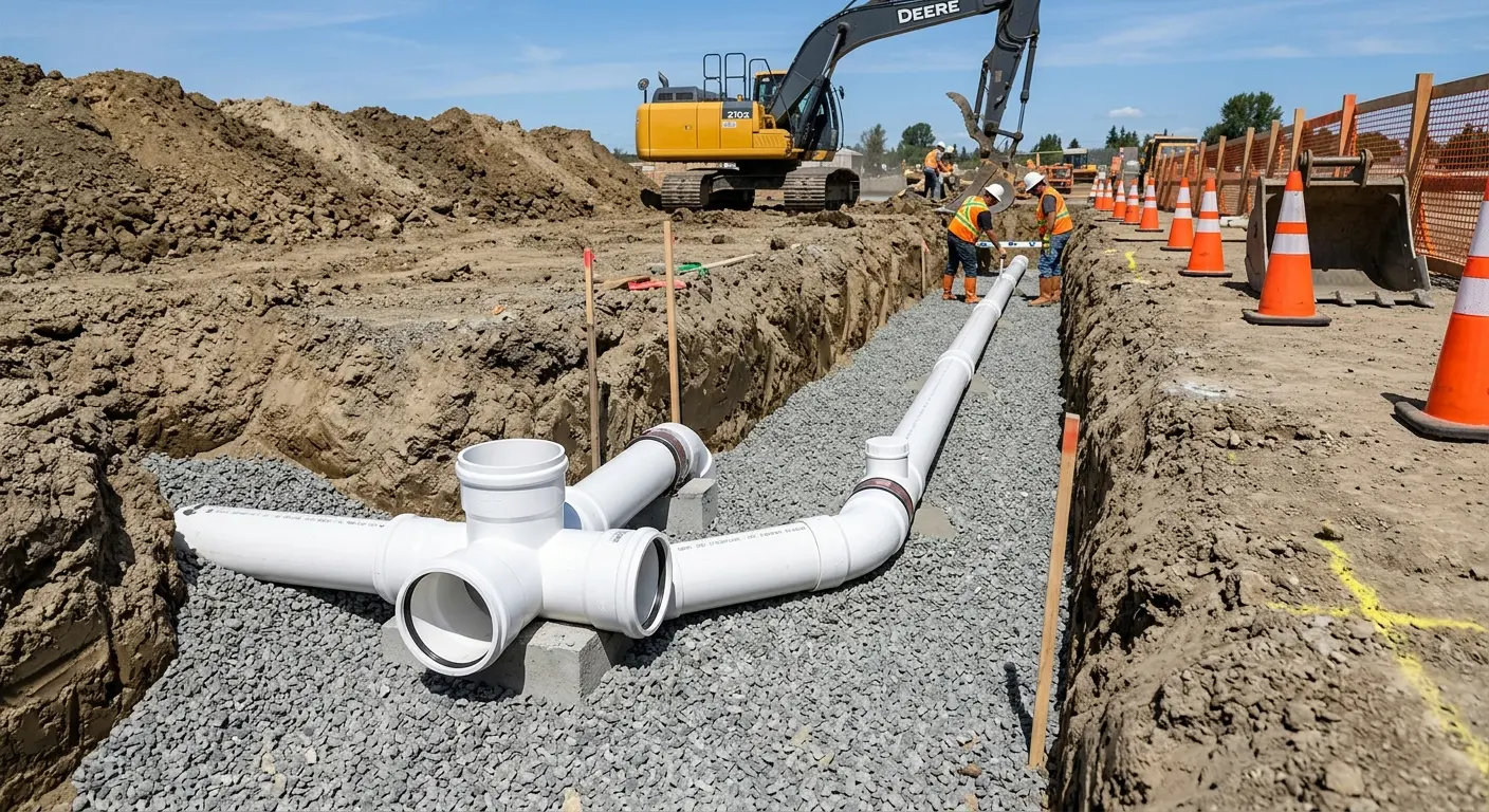 New PVC sewer pipe installation in open trench for Grease Trap Cleaning in Huntington Park