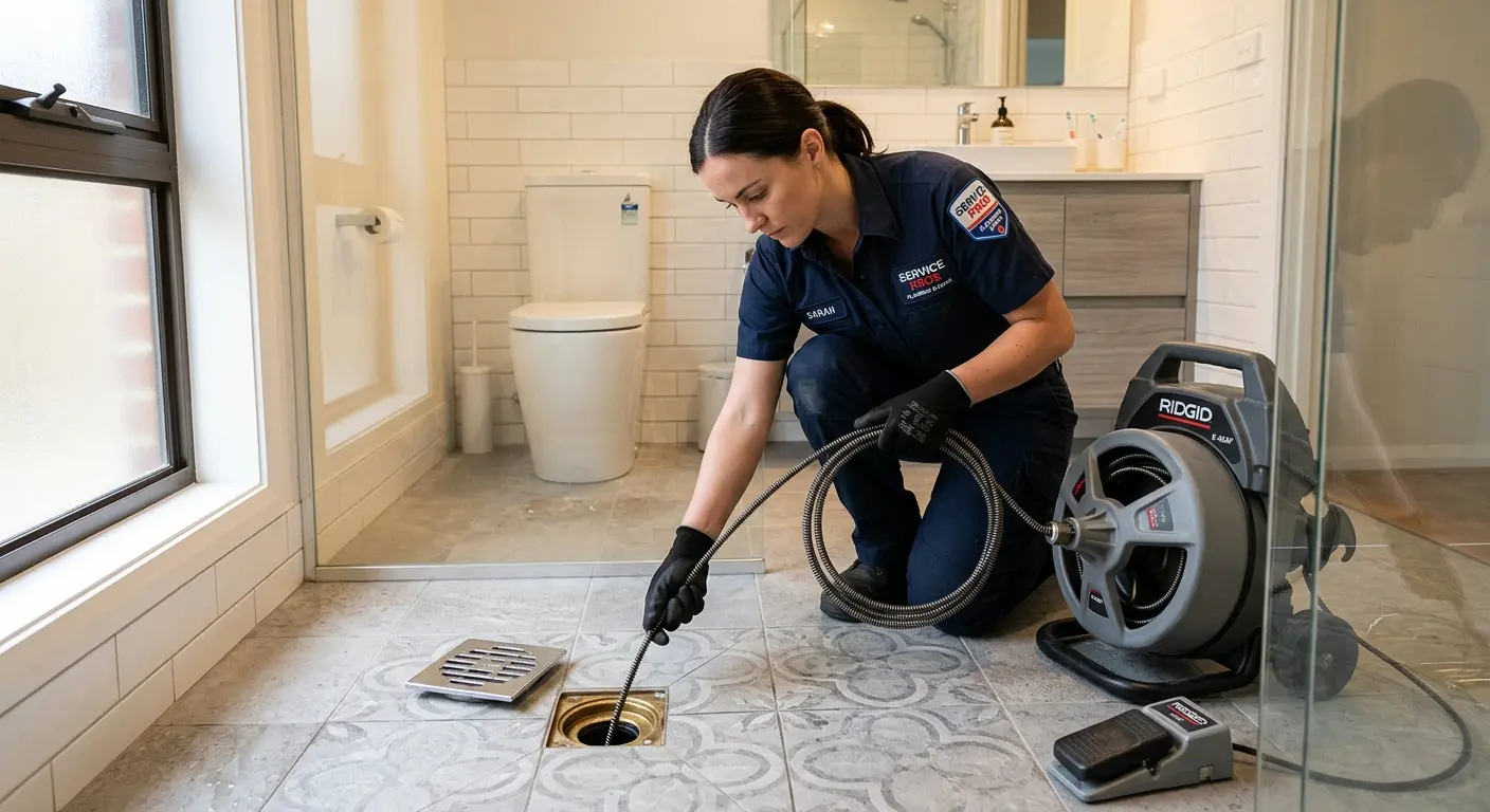 Technician clearing a bathroom floor drain for Sewer Line Replacement in Huntington Park